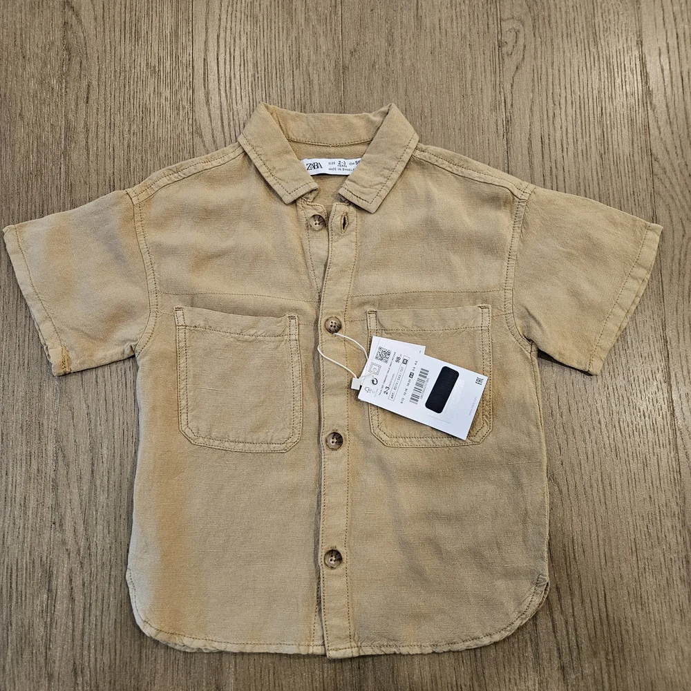 ZARA Camel Short Sleeve Button Down Shirt Size 3T NWT - Picture 1 of 6